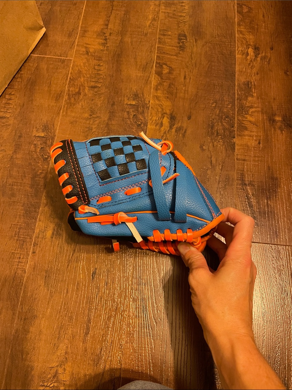 Kids Baseball Glove - Blue and Orange Youth Mitt 8”